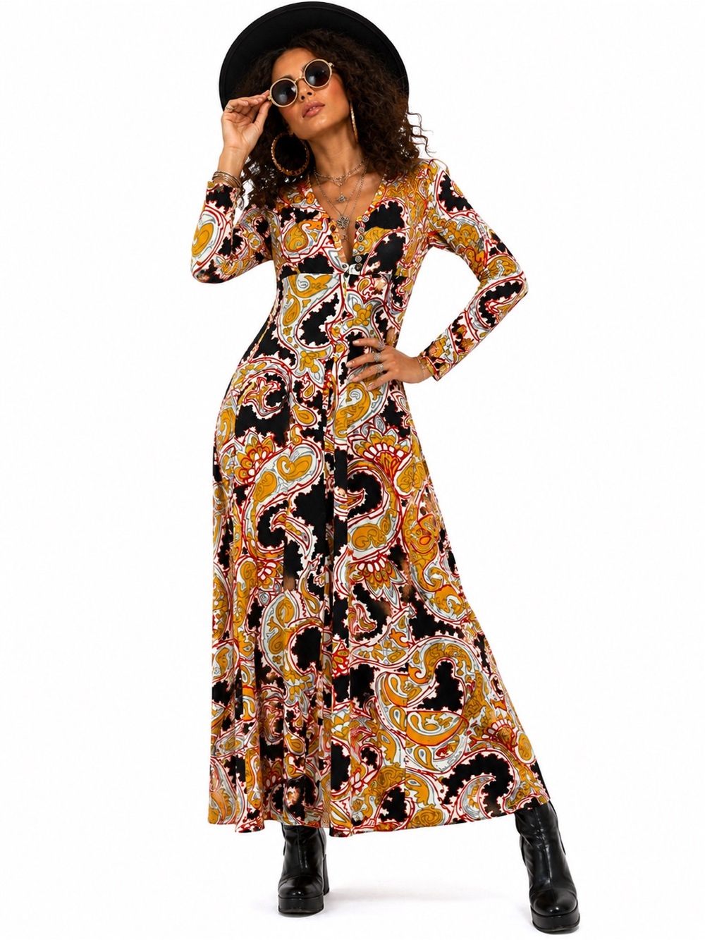 Paisley Long Sleeve Maxi Dress in Black and Mustard